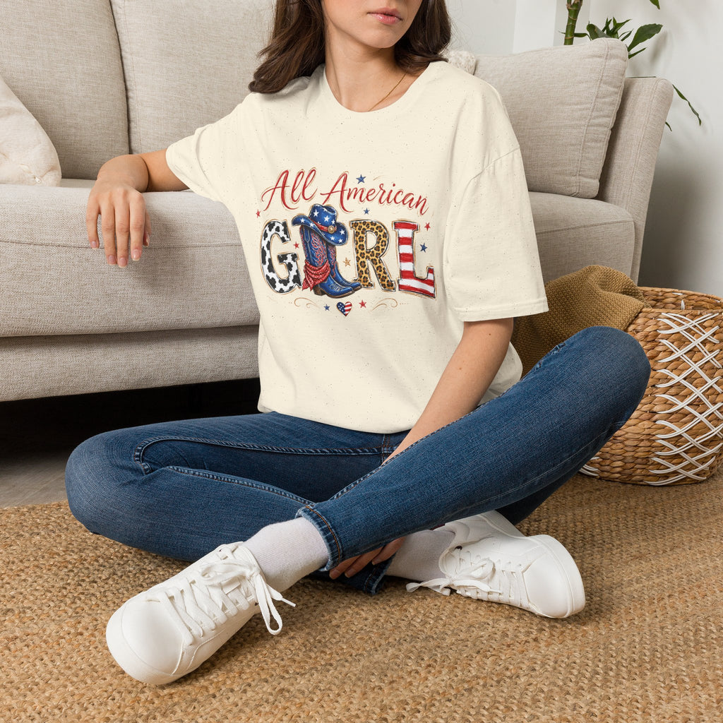 All American Girl T-Shirt — Patriotic USA Leopard & Flag Graphic Tee