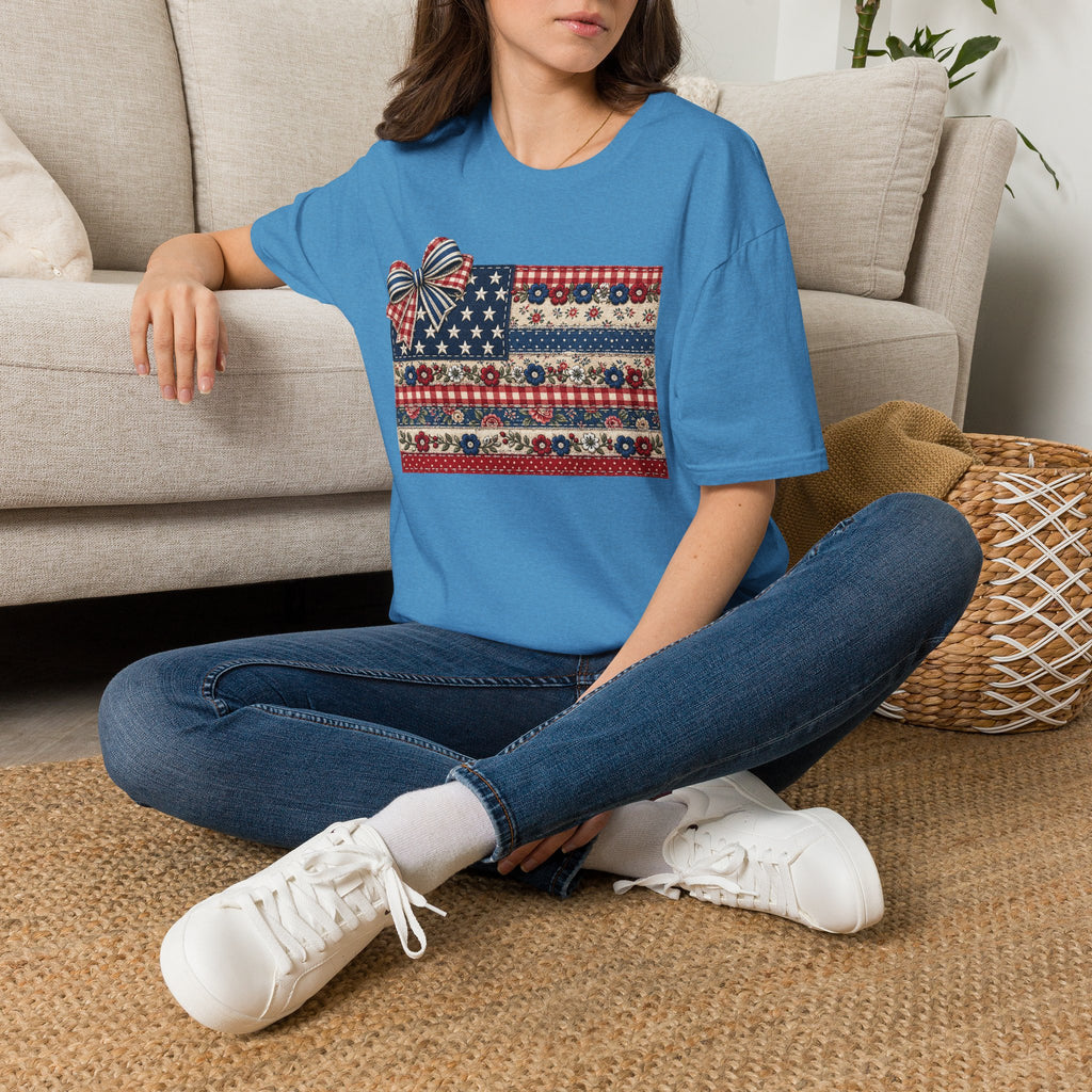 Patriotic Floral Flag T-Shirt — Americana Bow Stars & Stripes Top
