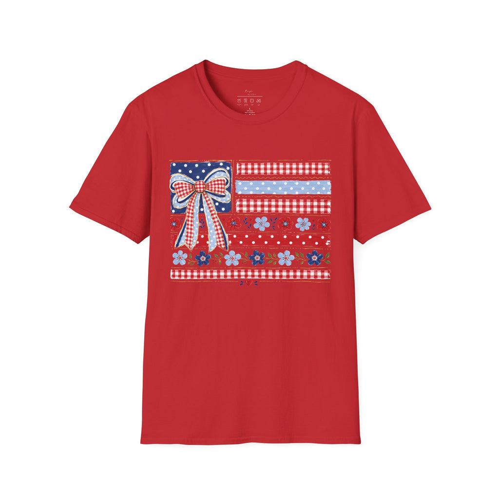Patriotic Bow Flag T-Shirt – Red White Blue American Floral Plaid Tee