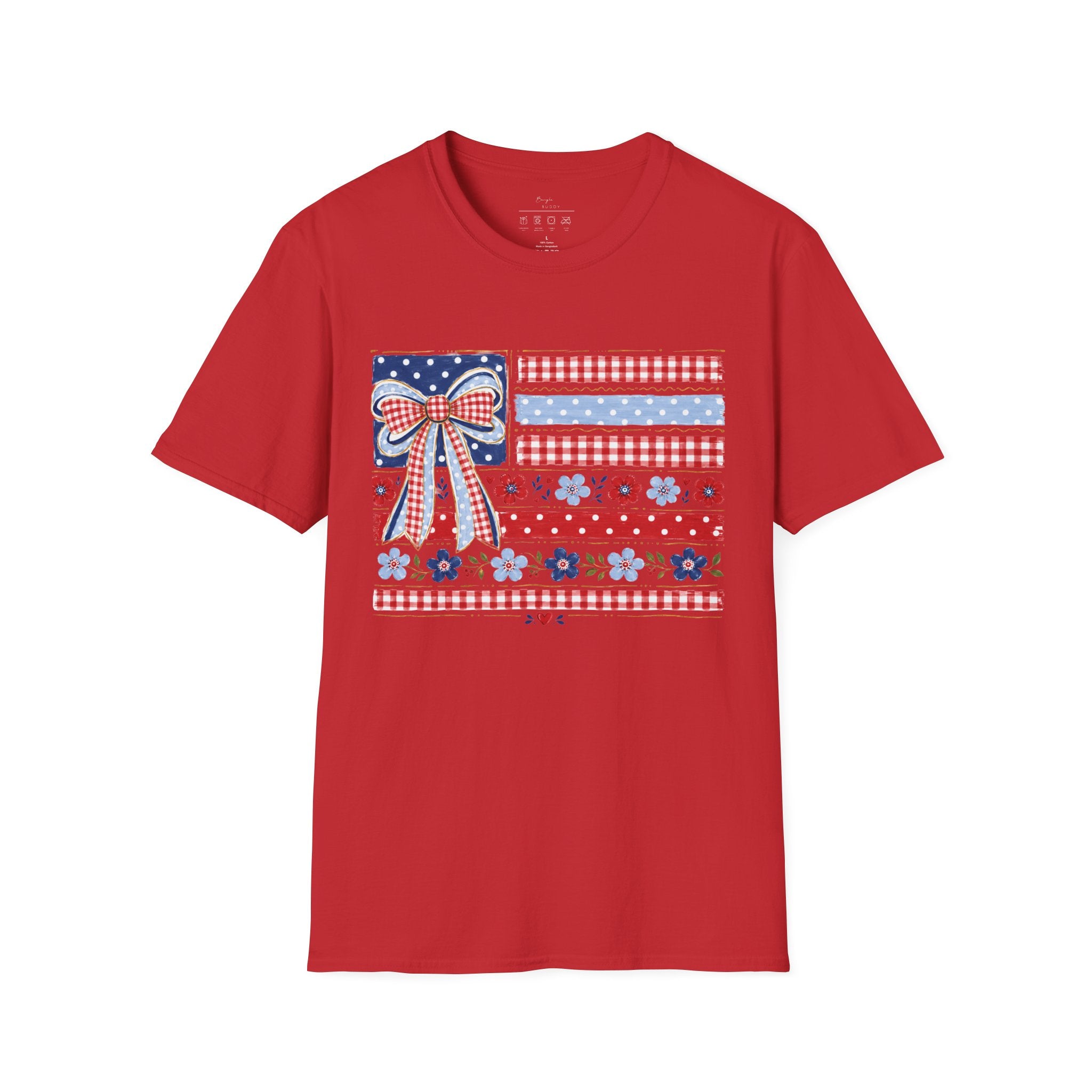 Patriotic Bow Flag T-Shirt – Red White Blue American Floral Plaid Tee