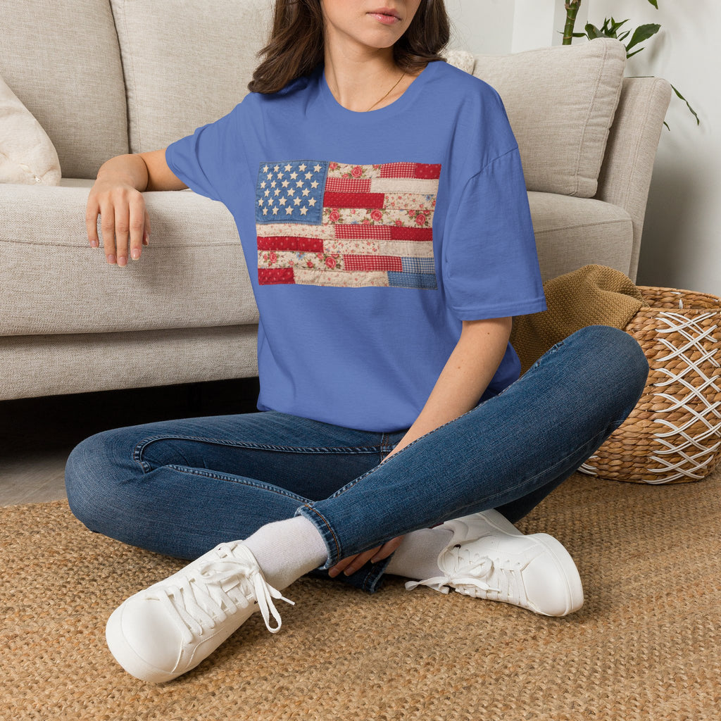 Patchwork American Flag T-Shirt — Vintage Floral Patriotic Tee