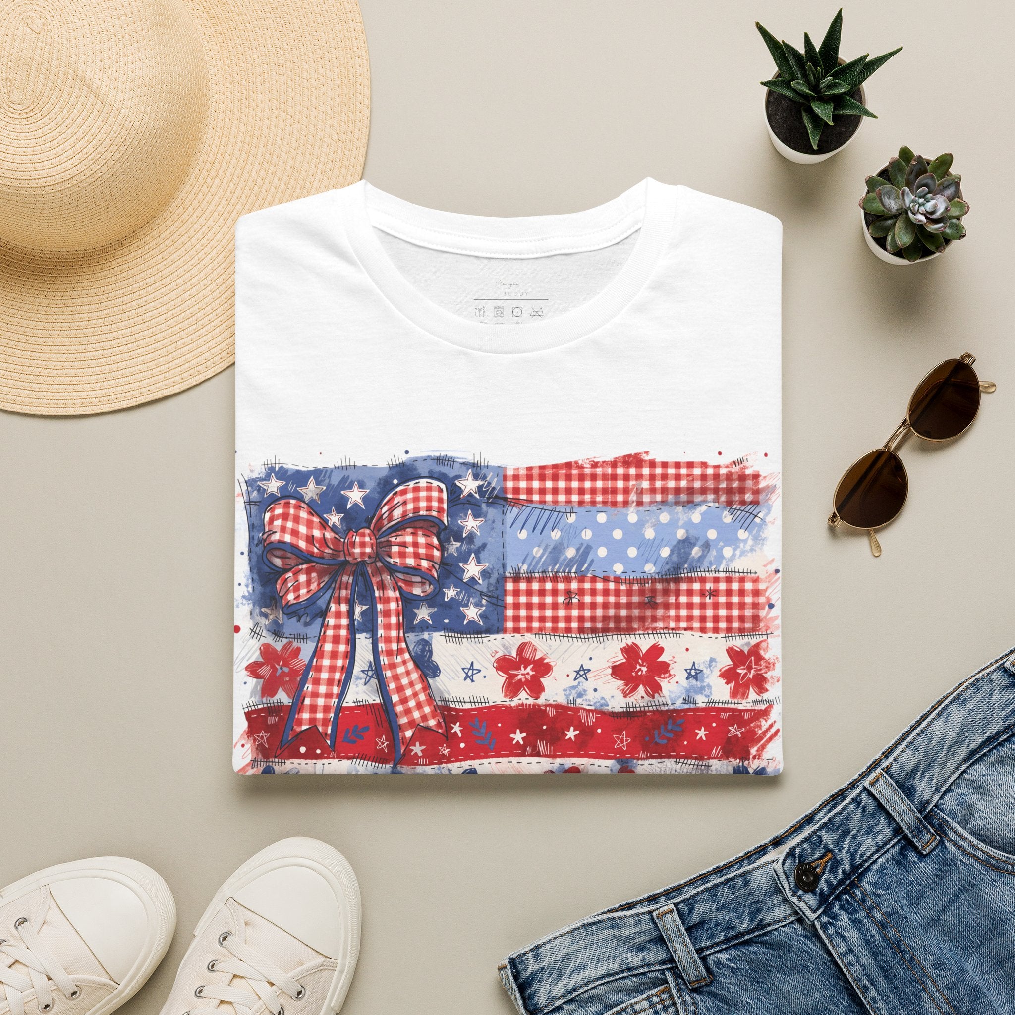 Patriotic Flag Bow T-Shirt — American Red White Blue Fourth of July Tee