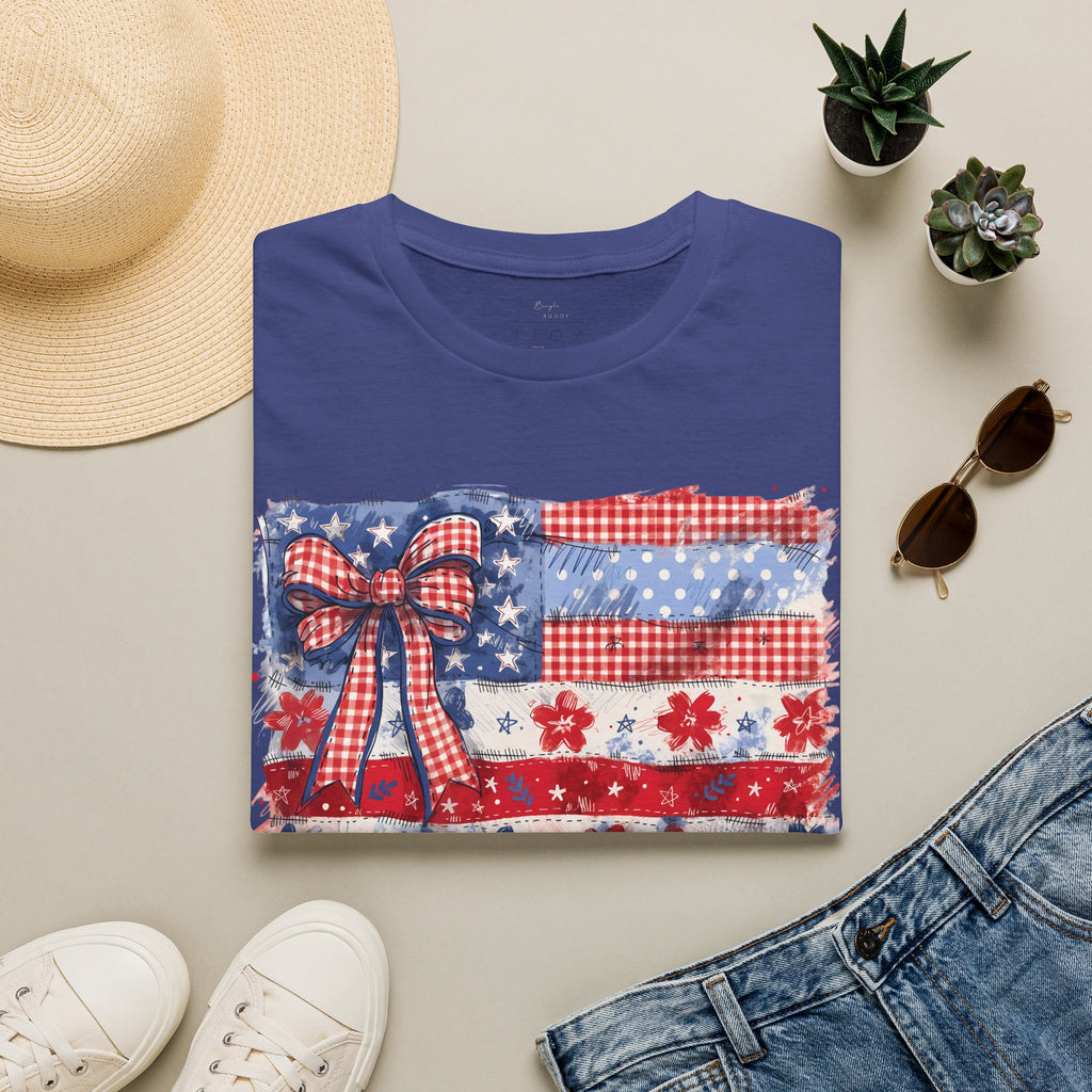 Patriotic Flag Bow T-Shirt — American Red White Blue Fourth of July Tee
