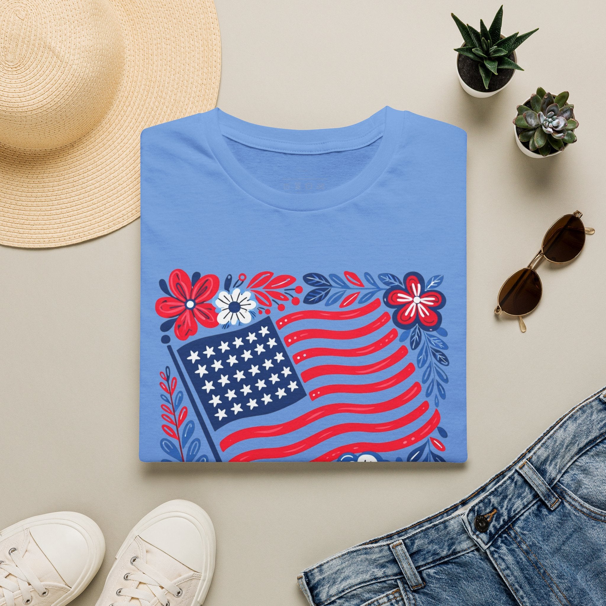 American Flag Floral T-Shirt — Patriotic Stars & Stripes Tee