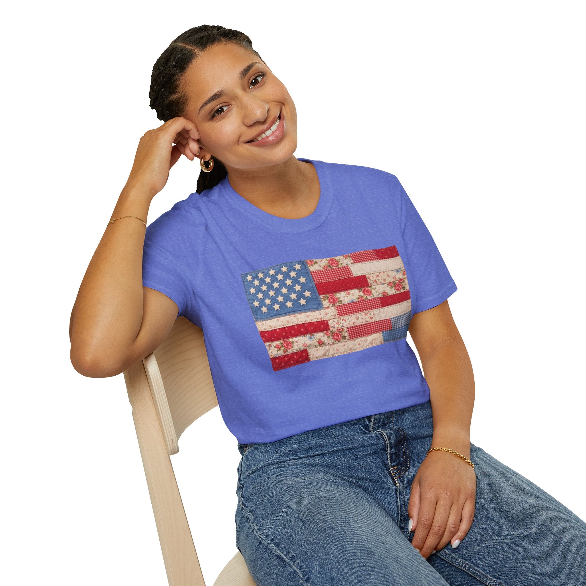Patchwork American Flag T-Shirt — Vintage Floral Patriotic Tee