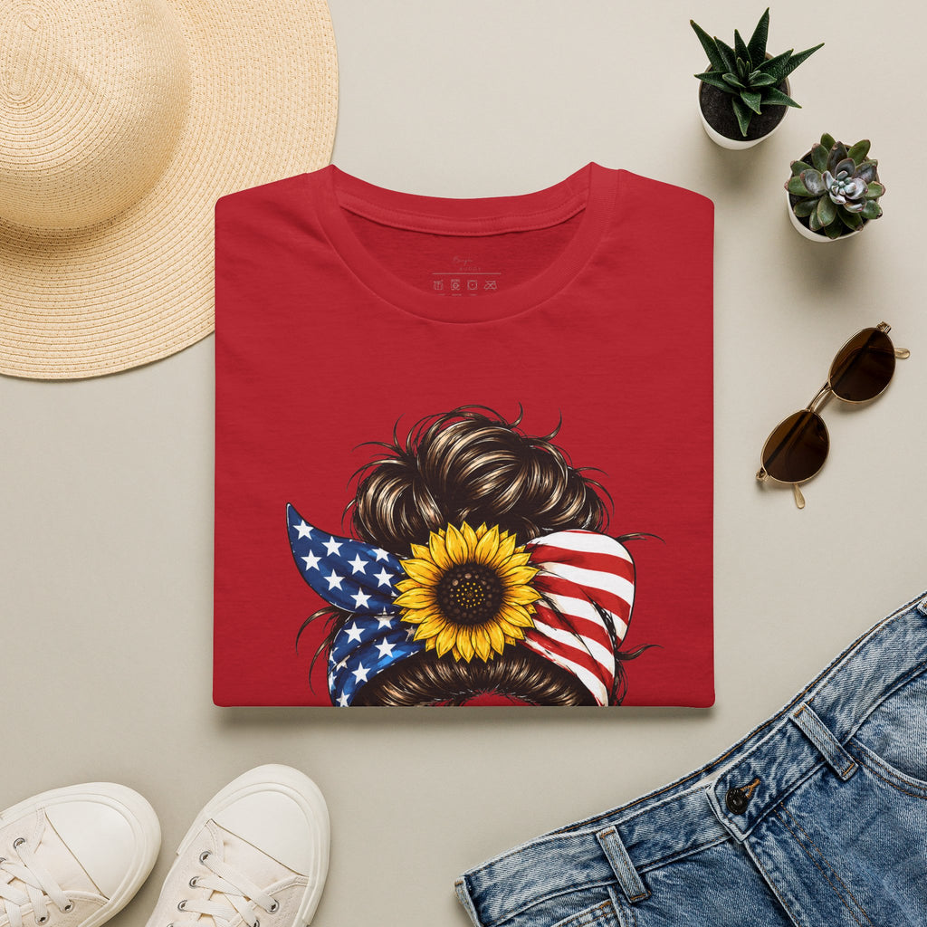 T-Shirt — Patriotic Sunflower Messy Bun (America)