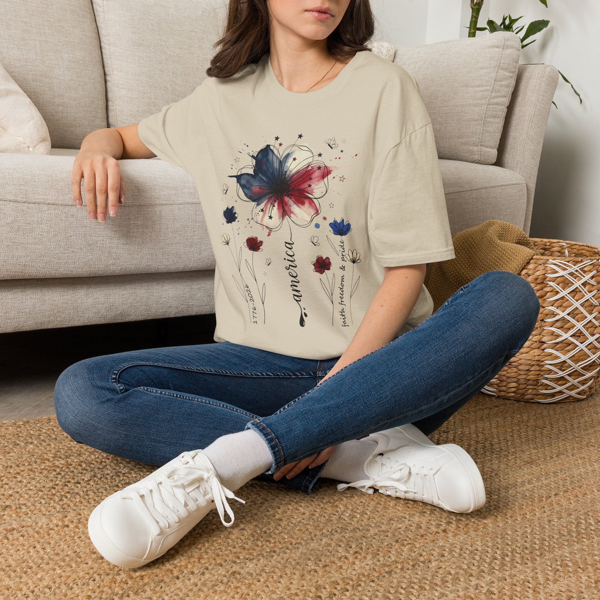 Butterfly Watercolor T-Shirt — Patriotic Red White Blue Floral Graphic