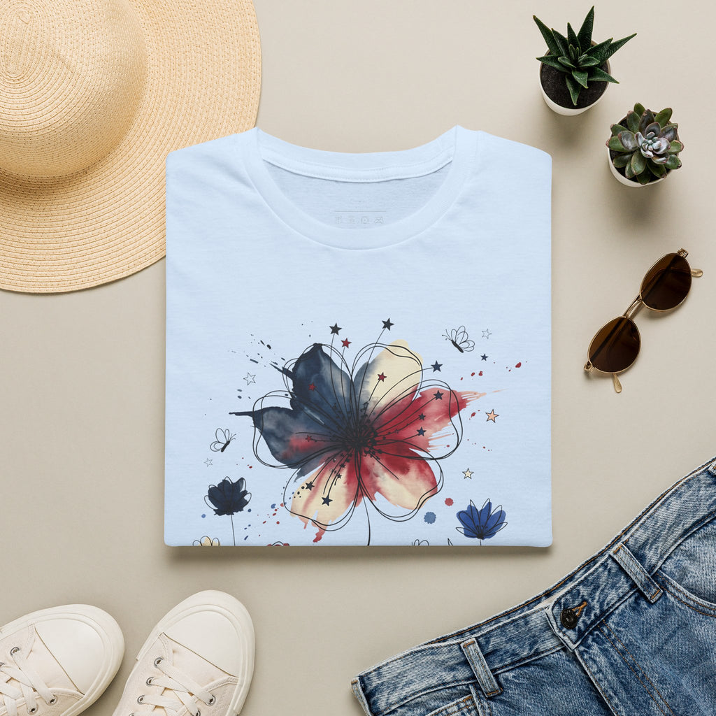 Butterfly Watercolor T-Shirt — Patriotic Red White Blue Floral Graphic