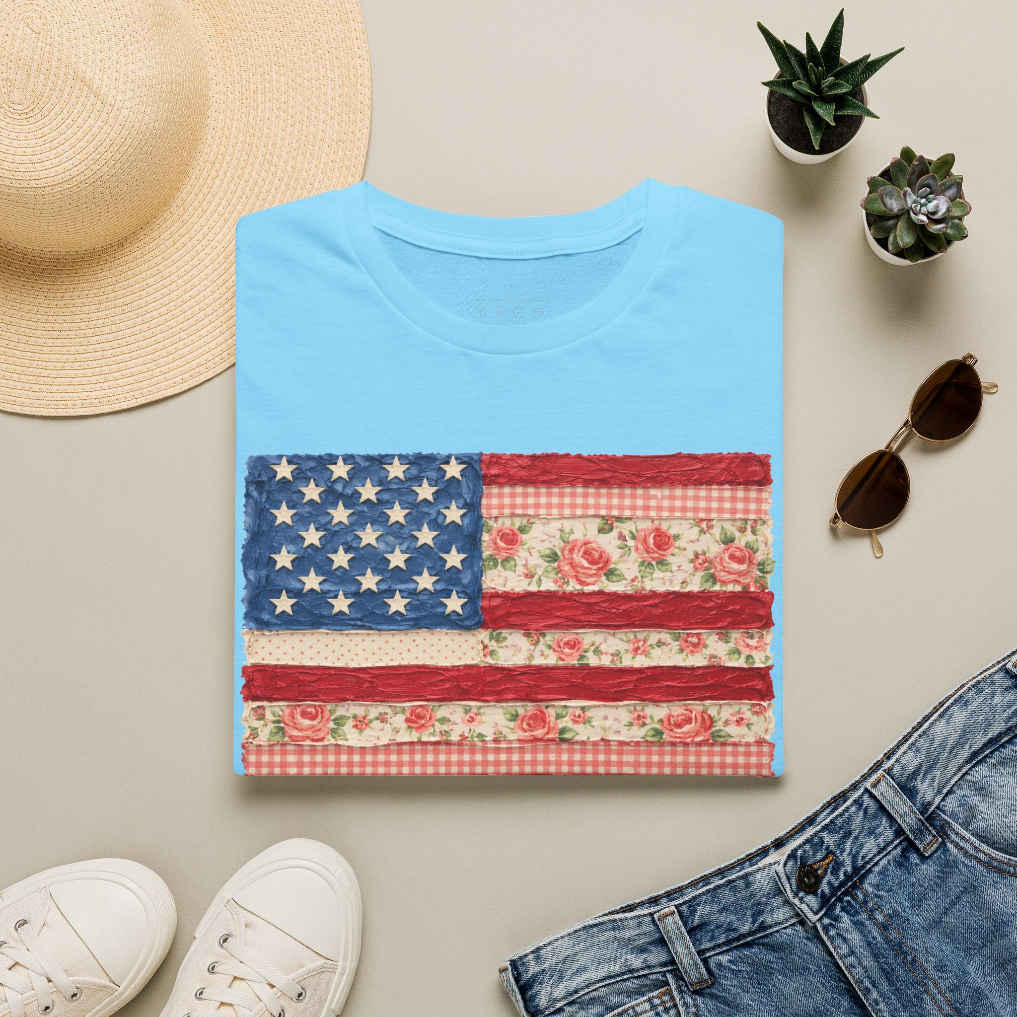 Patriotic Floral American Flag T-Shirt — Vintage Rose USA Tee for Fourth of July