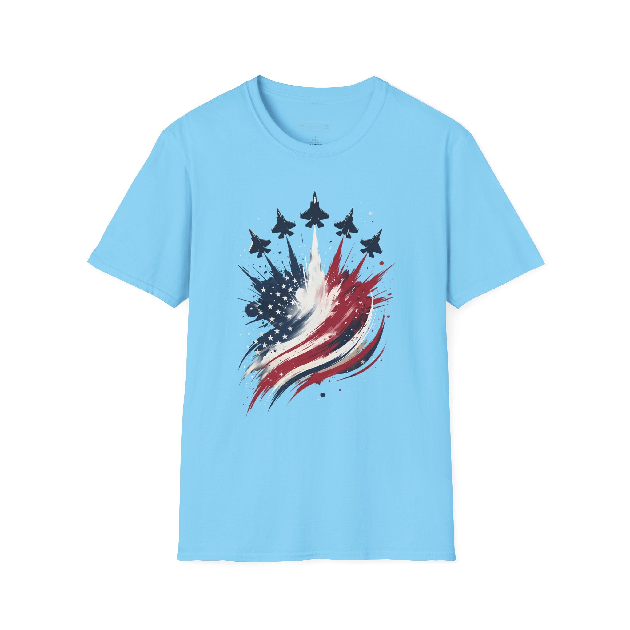 T-Shirt — Patriotic Jet Flyover with American Flag Splash