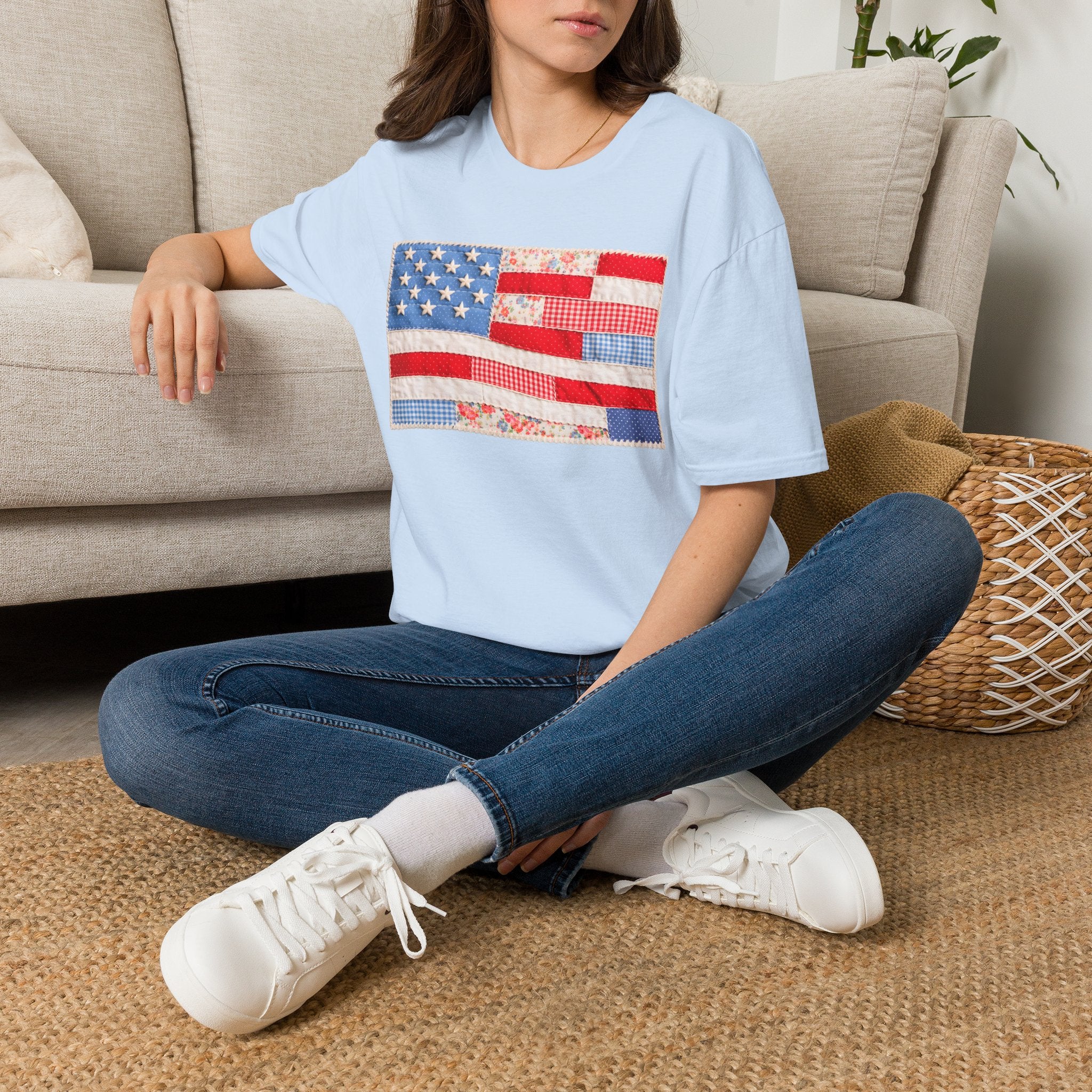 American Patchwork Flag T-Shirt — Vintage Floral Stars & Stripes Tee for 4th of July