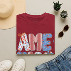 AME Retro Patriotic T-Shirt — Red White Blue Floral & Stripes Graphic Tee