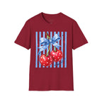 Cherry Graphic T-Shirt — Blue Bow & Striped Summer Tee