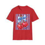 Cherry Graphic T-Shirt — Blue Bow & Striped Summer Tee