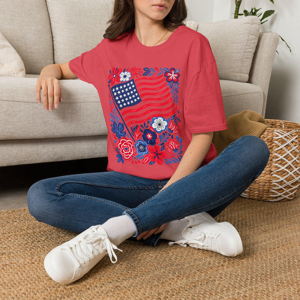 American Flag Floral T-Shirt — Patriotic Stars & Stripes Tee