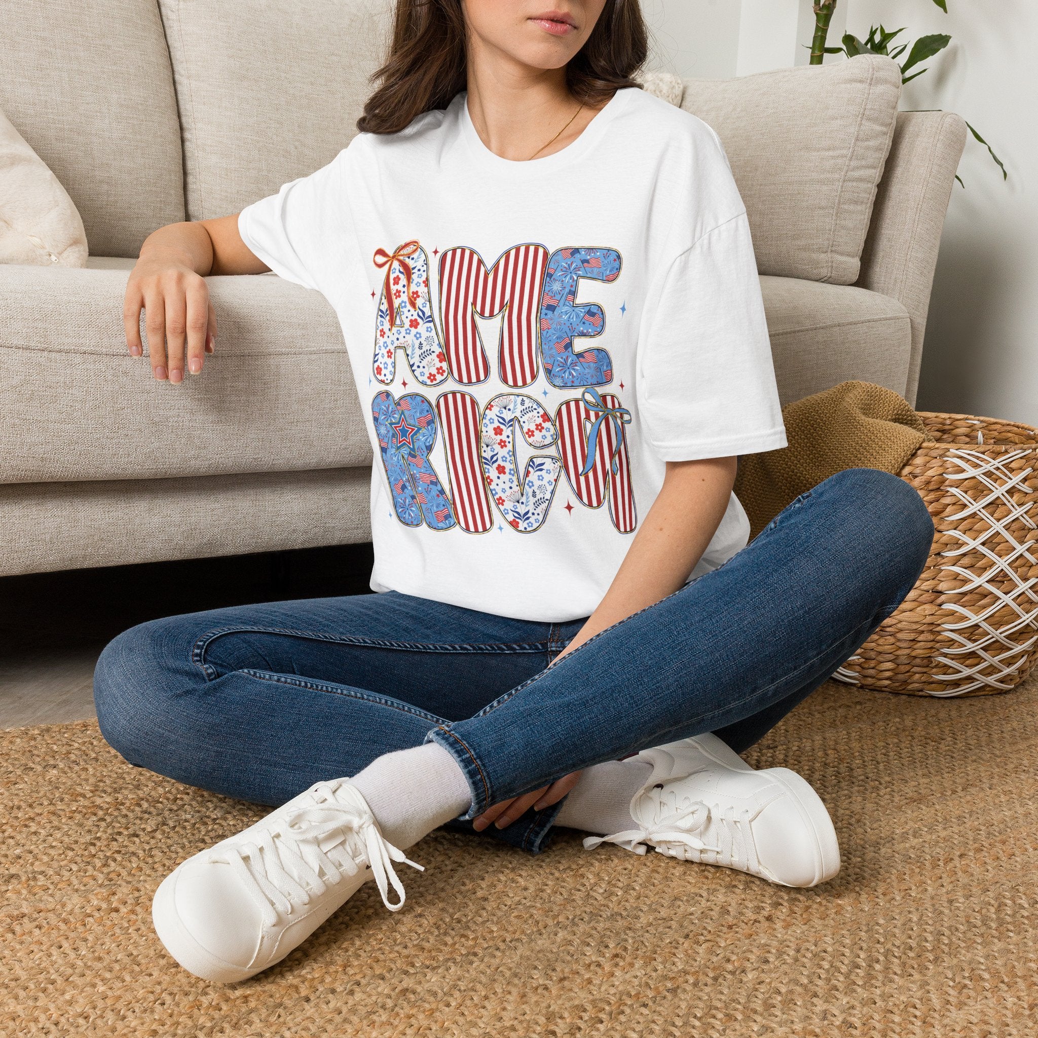 AME Retro Patriotic T-Shirt — Red White Blue Floral & Stripes Graphic Tee
