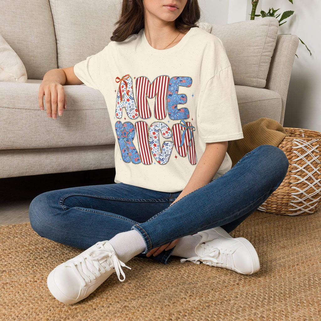 AME Retro Patriotic T-Shirt — Red White Blue Floral & Stripes Graphic Tee