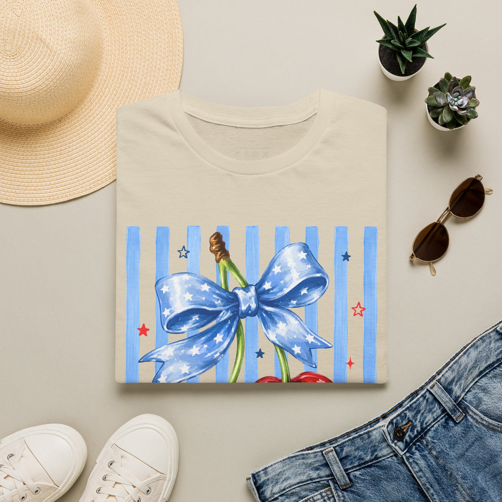 Cherry Graphic T-Shirt — Blue Bow & Striped Summer Tee