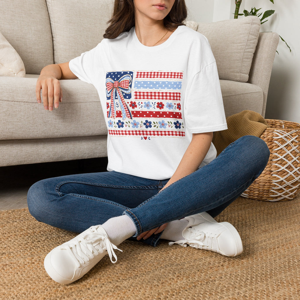 Patriotic Bow Flag T-Shirt – Red White Blue American Floral Plaid Tee