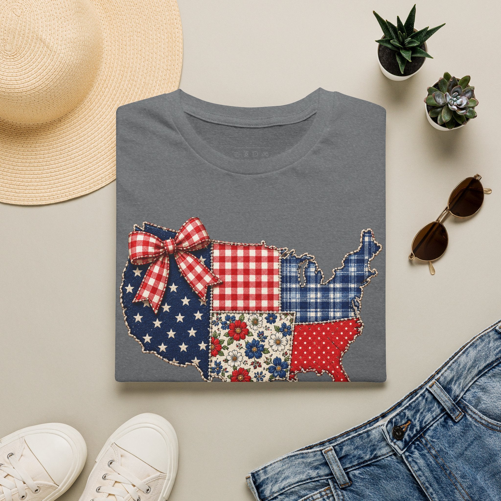 Patriotic Patchwork USA T-Shirt — Quilted Red White & Blue Map Tee