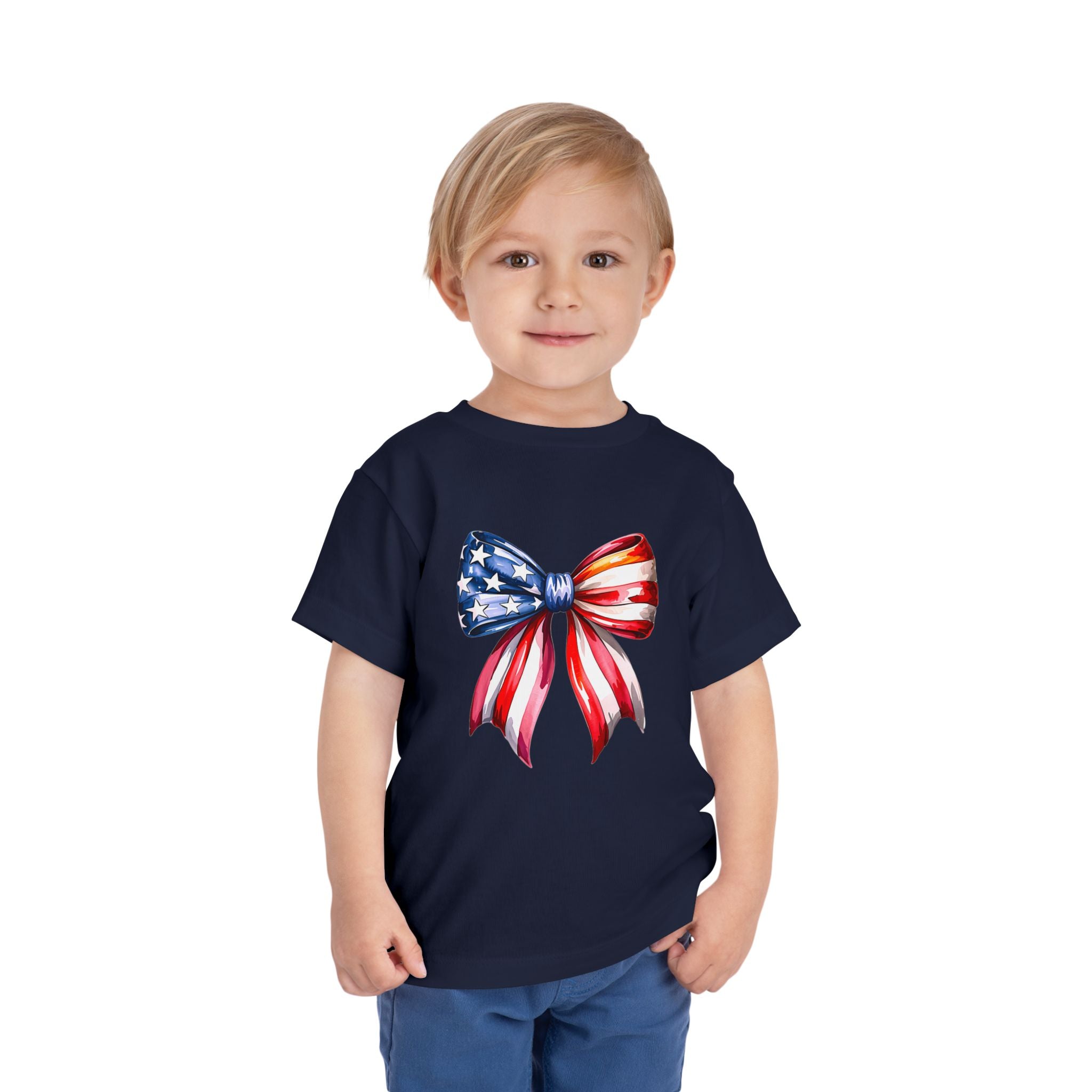 Toddler Tee — Patriotic American Flag Bow Graphic (4th of July Kids Shirt)
