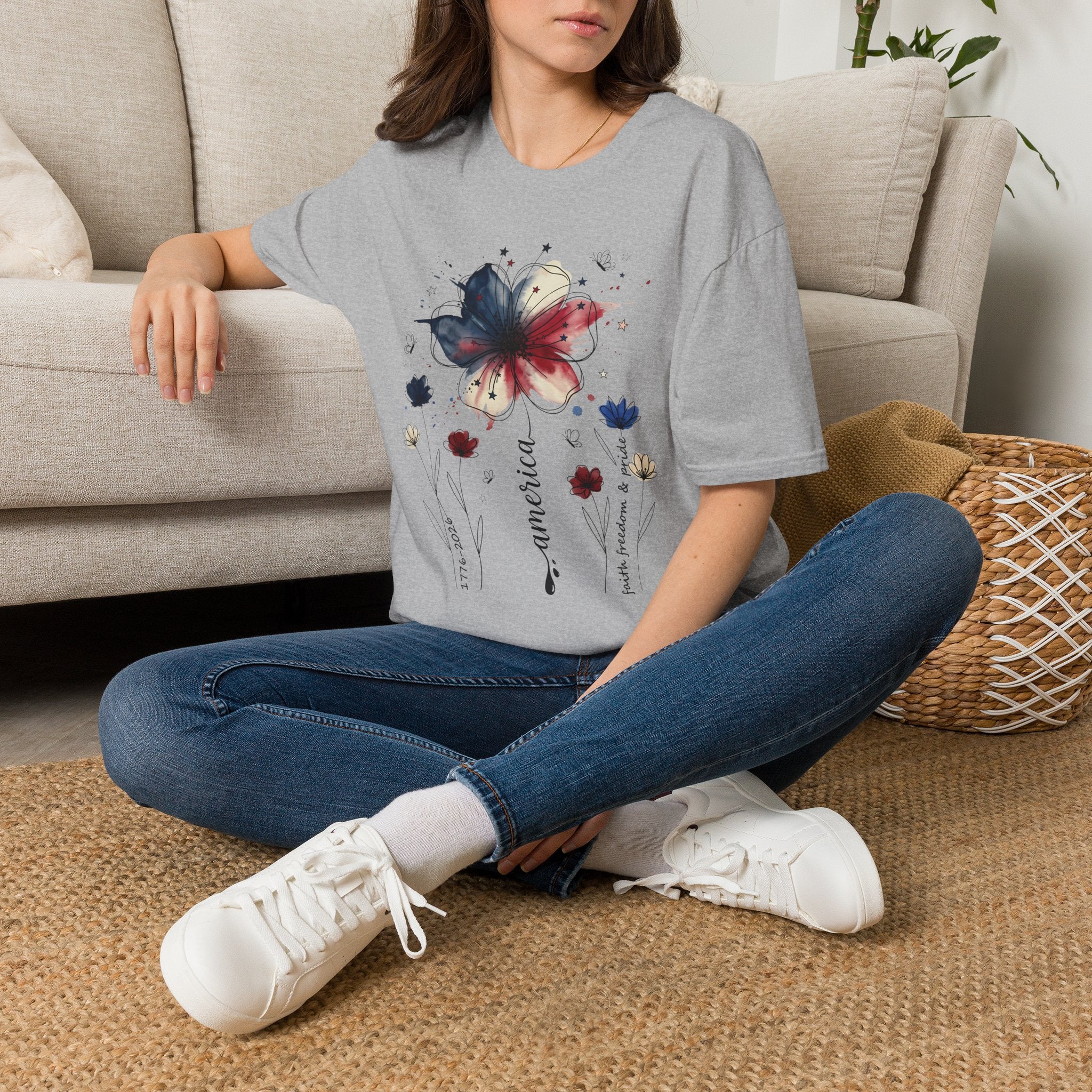 Butterfly Watercolor T-Shirt — Patriotic Red White Blue Floral Graphic