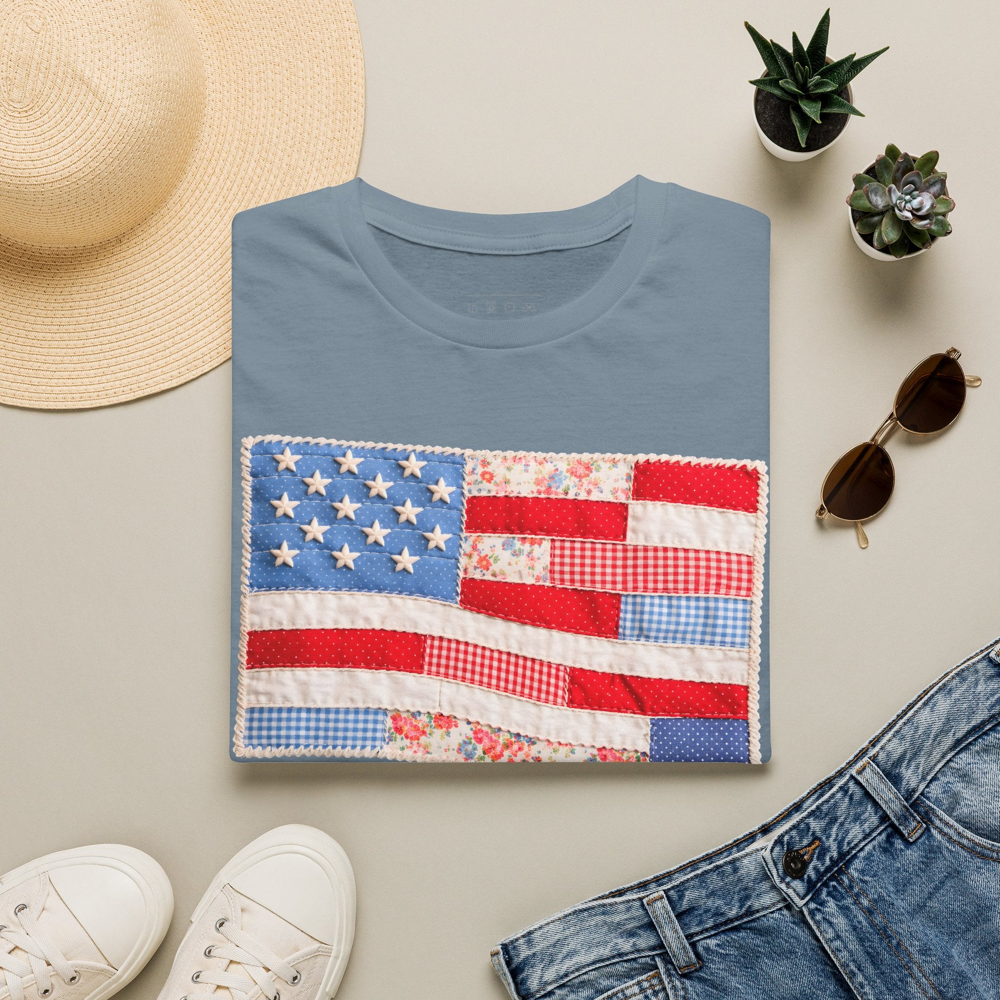 American Patchwork Flag T-Shirt — Vintage Floral Stars & Stripes Tee for 4th of July