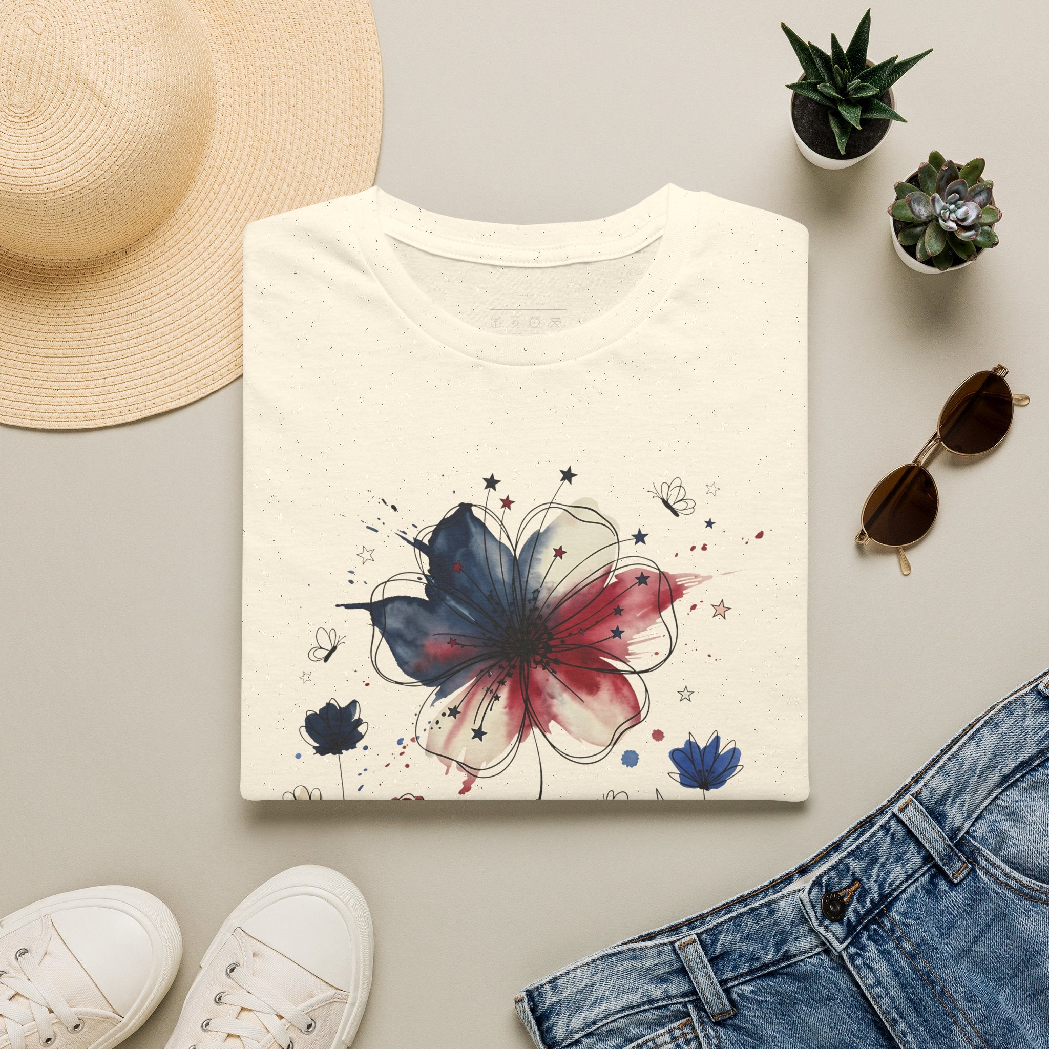 Butterfly Watercolor T-Shirt — Patriotic Red White Blue Floral Graphic