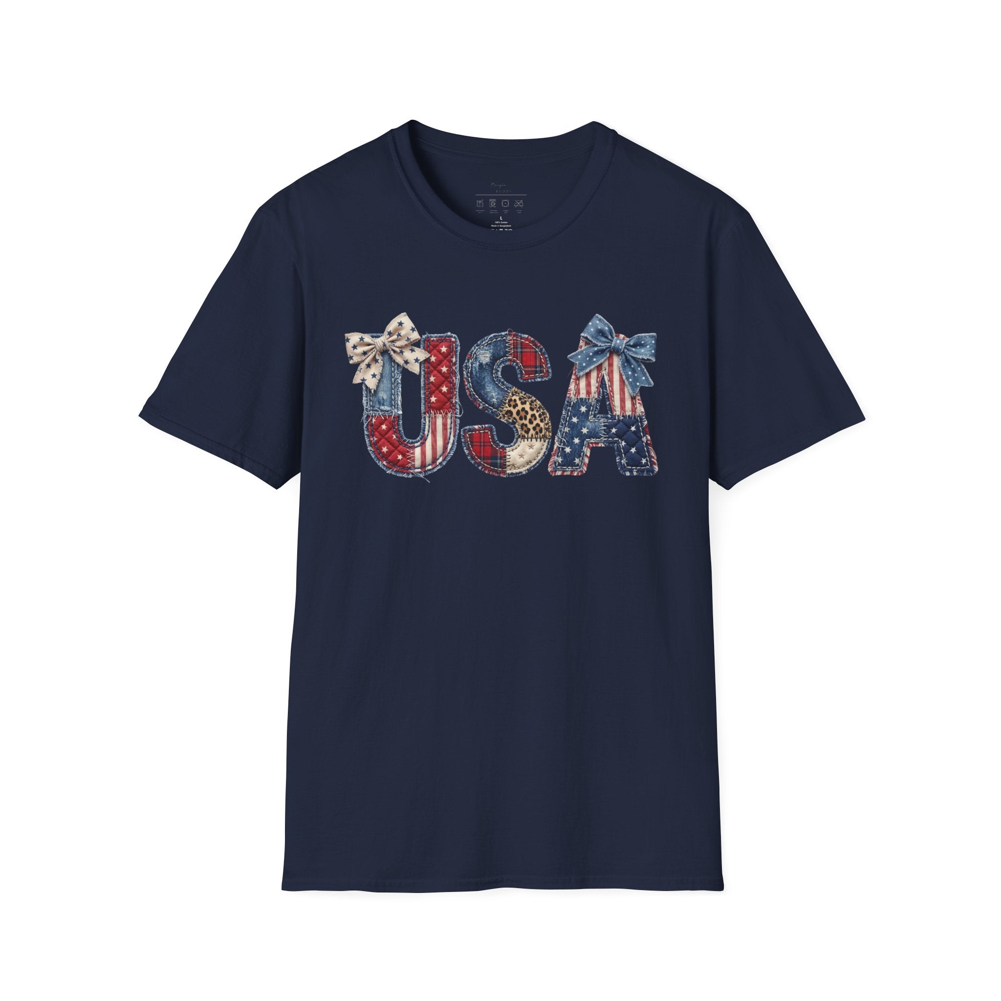 USA Patriotic T-Shirt — Distressed Flag Letters with Bows (4th of July)
