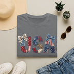 USA Patriotic T-Shirt — Distressed Flag Letters with Bows (4th of July)
