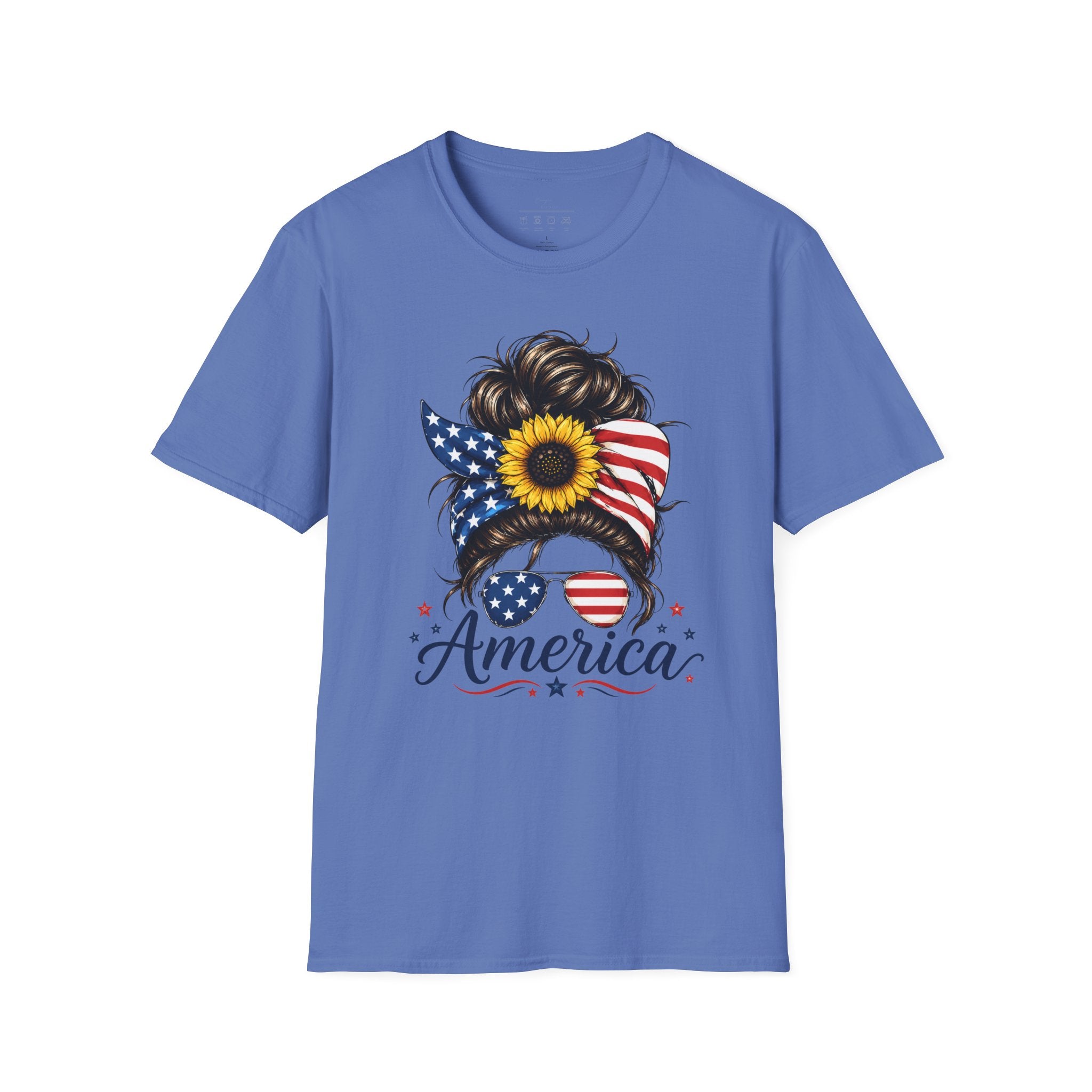 T-Shirt — Patriotic Sunflower Messy Bun (America)