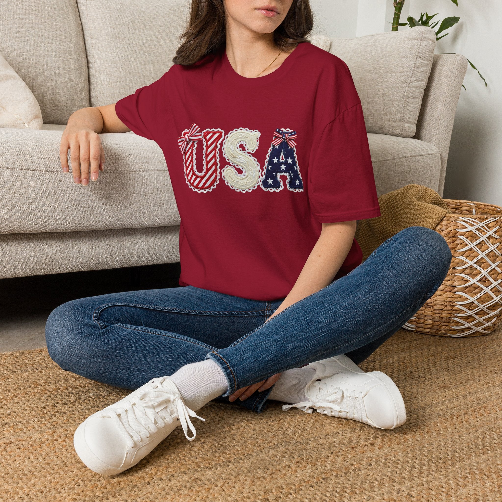 USA Applique T-Shirt — Patriotic 4th of July Flag Letter Tee