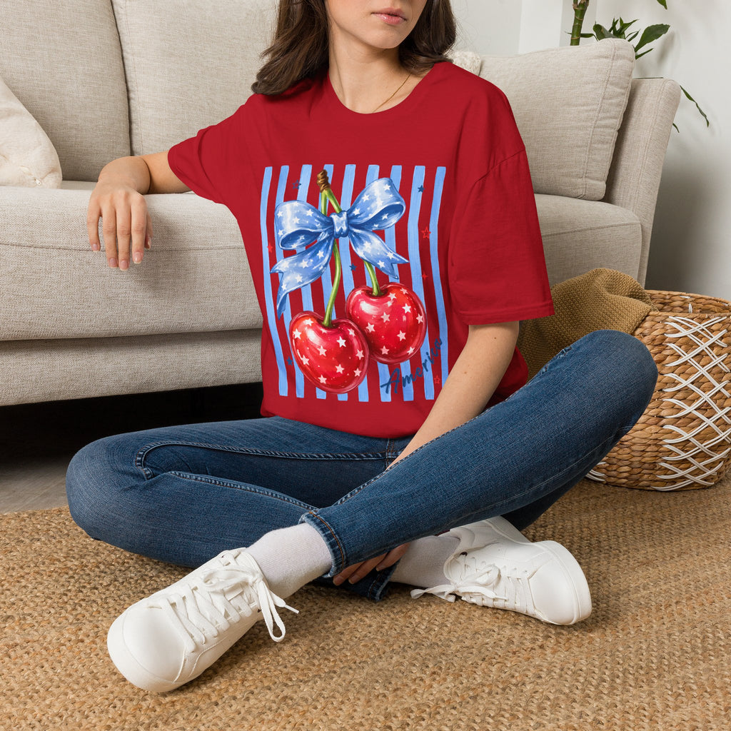 Cherry Graphic T-Shirt — Blue Bow & Striped Summer Tee