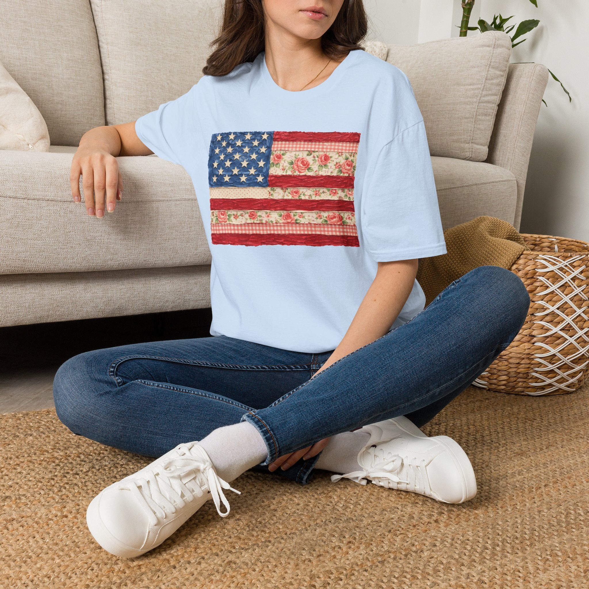 Patriotic Floral American Flag T-Shirt — Vintage Rose USA Tee for Fourth of July
