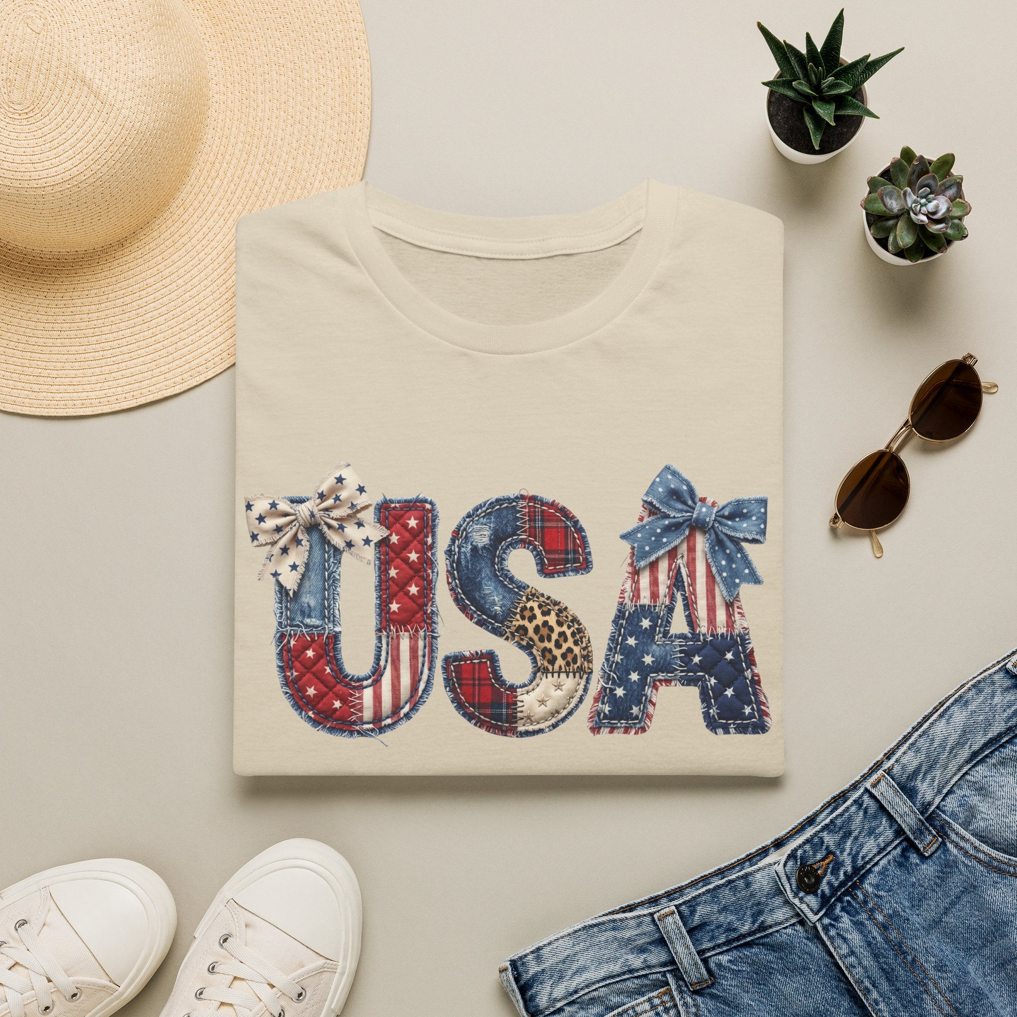USA Distressed Flag Letters with Bows (4th of July) Tee shirt
