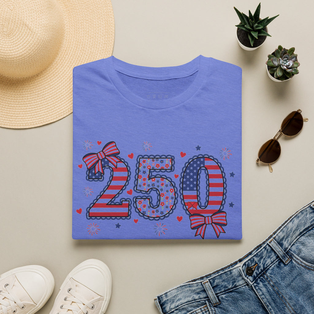 250 Patriotic T-Shirt — USA Flag Number Tee with Stars & Bows (Fourth of July)