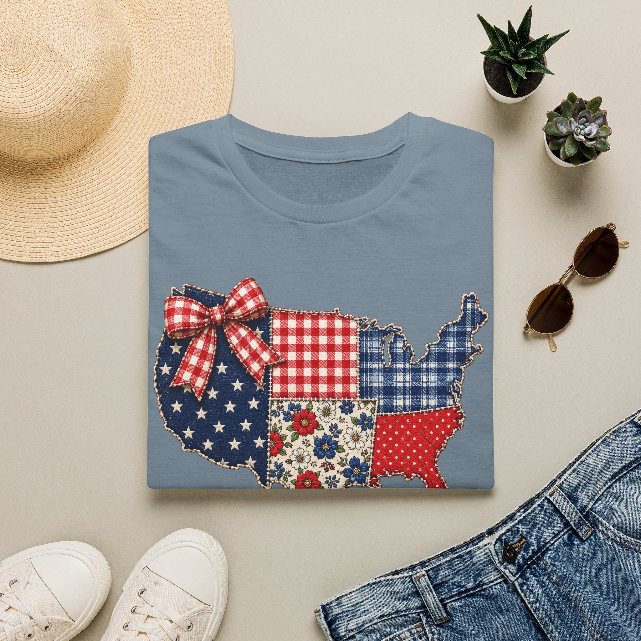 Patriotic Patchwork USA T-Shirt — Quilted Red White & Blue Map Tee