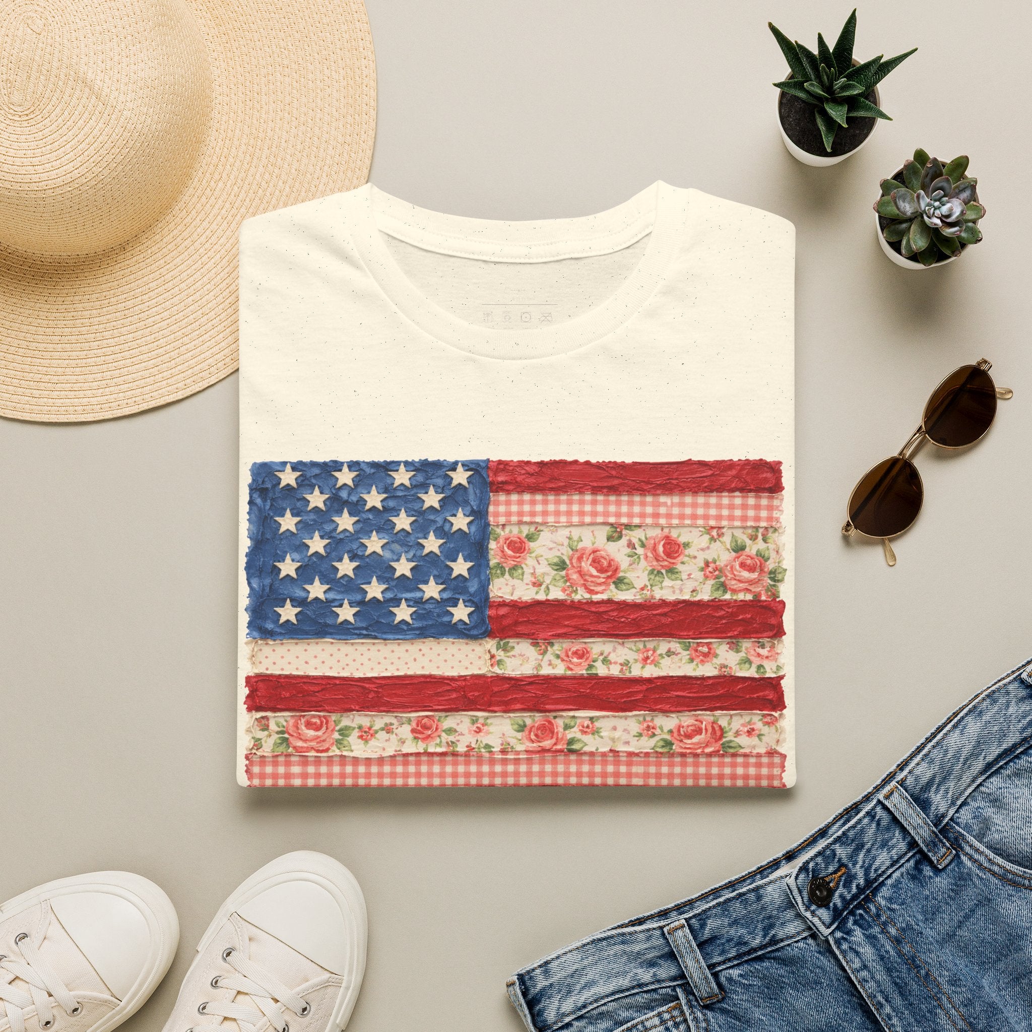 Patriotic Floral American Flag T-Shirt — Vintage Rose USA Tee for Fourth of July
