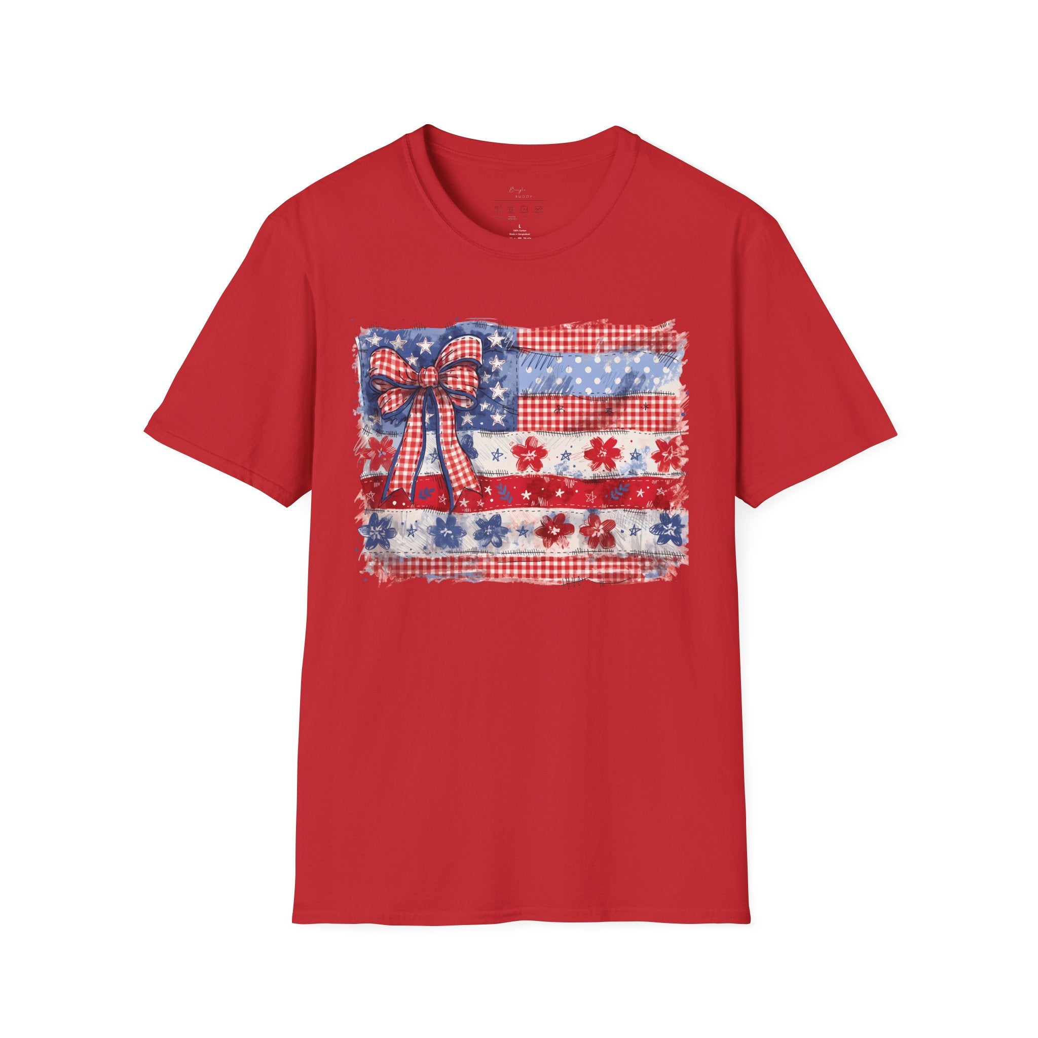 Patriotic Flag Bow T-Shirt — American Red White Blue Fourth of July Tee
