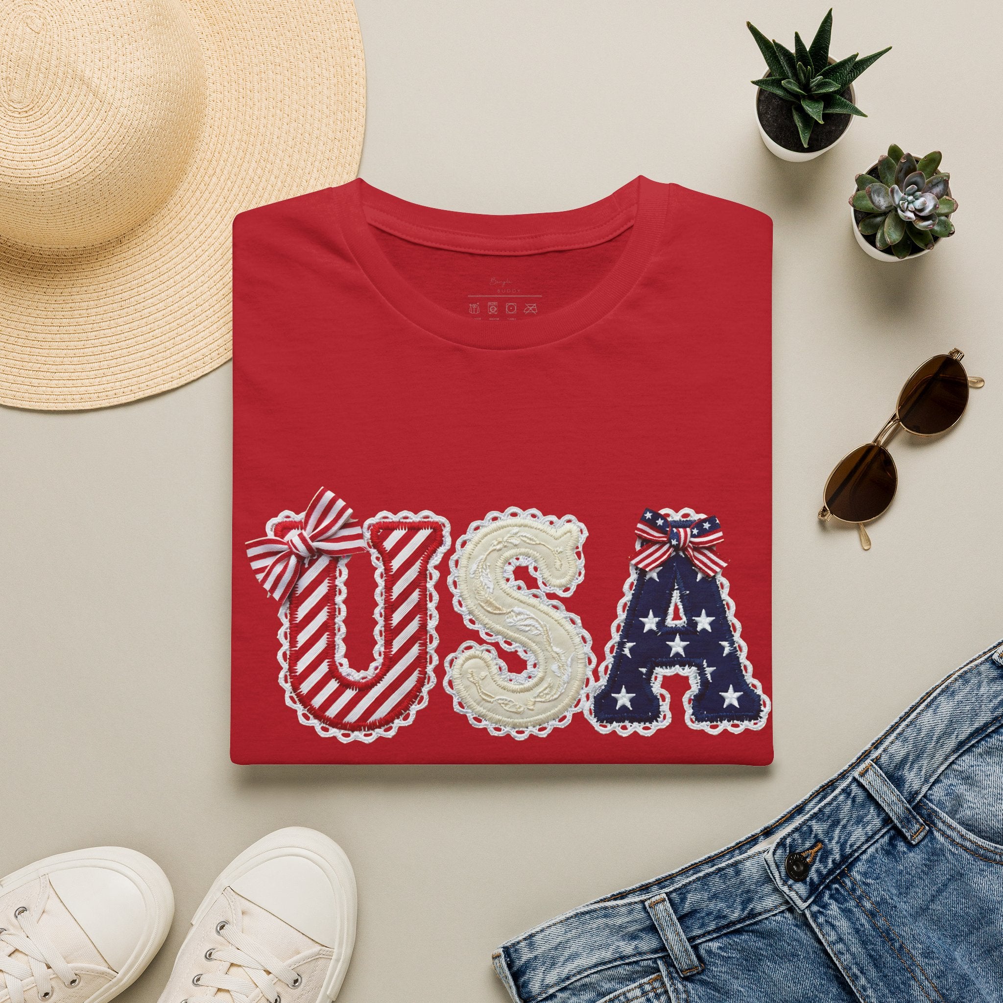 USA Applique T-Shirt — Patriotic 4th of July Flag Letter Tee