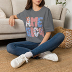 AME Retro Patriotic T-Shirt — Red White Blue Floral & Stripes Graphic Tee