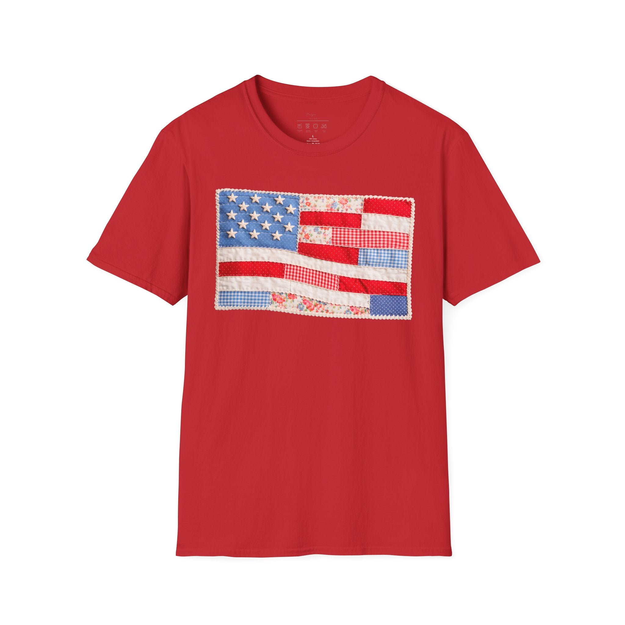 American Patchwork Flag T-Shirt — Vintage Floral Stars & Stripes Tee for 4th of July