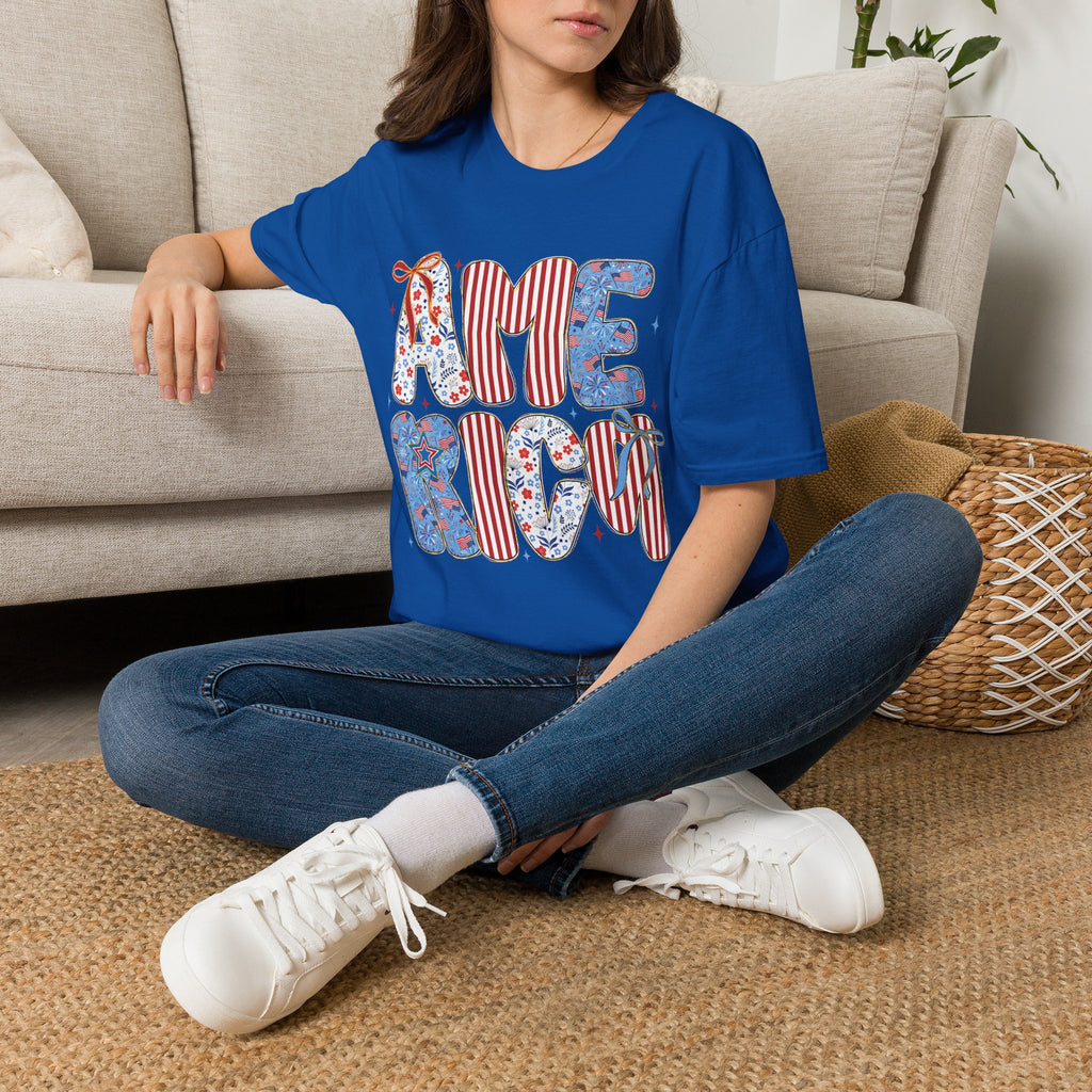 AME Retro Patriotic T-Shirt — Red White Blue Floral & Stripes Graphic Tee