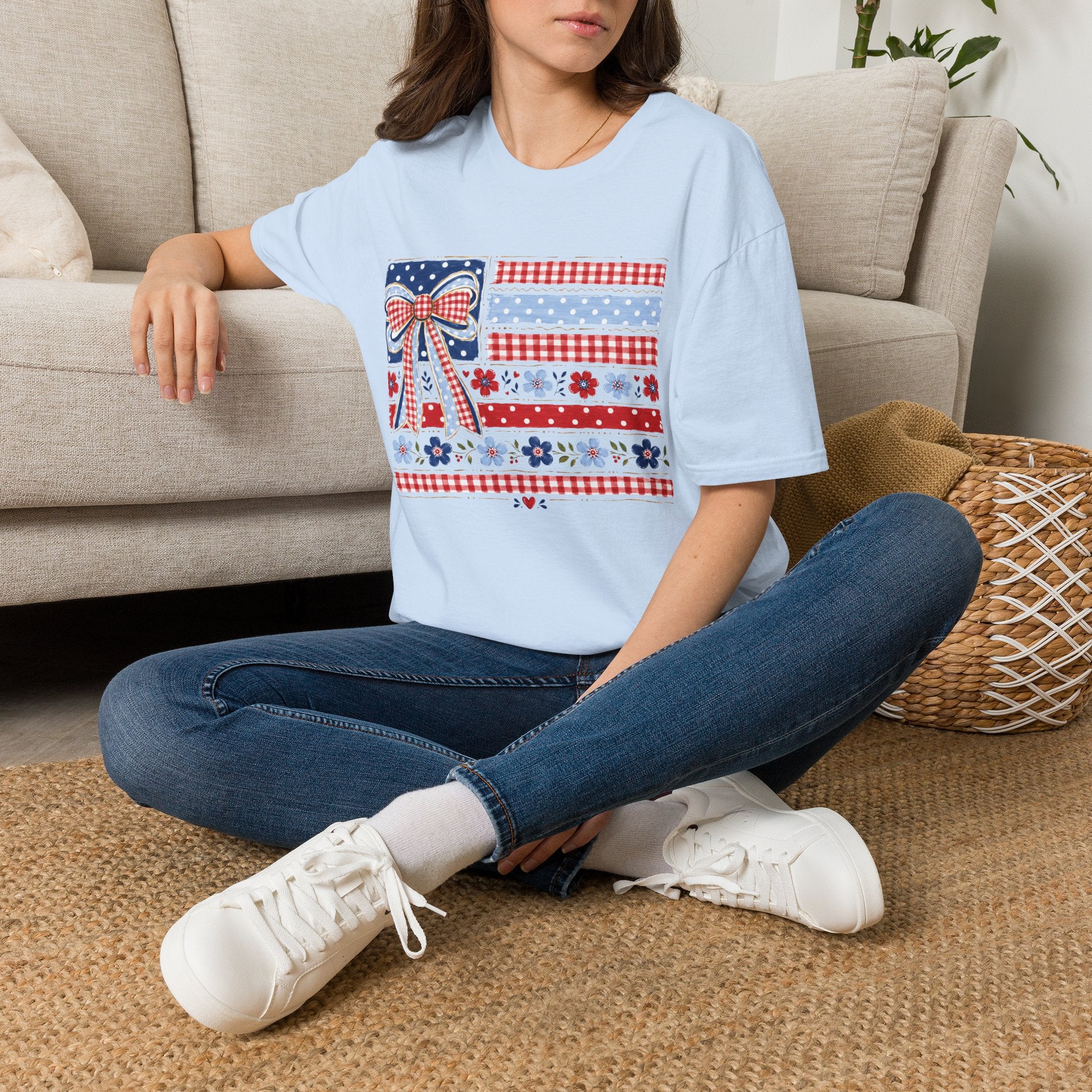 Patriotic Bow Flag T-Shirt – Red White Blue American Floral Plaid Tee