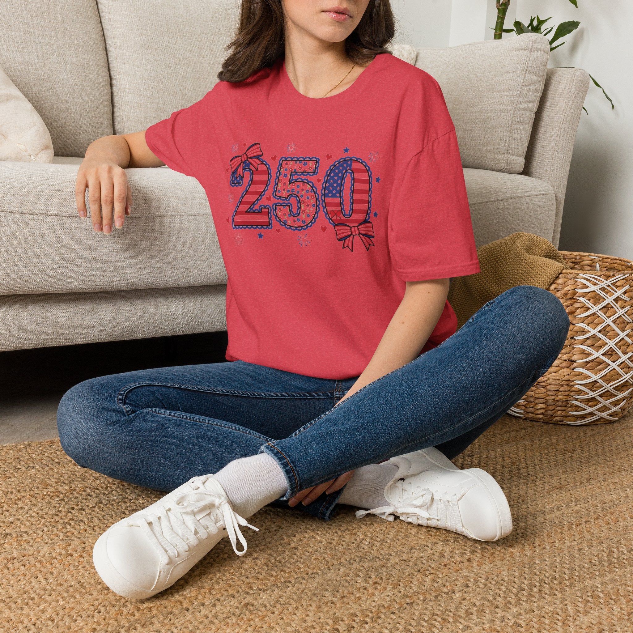 250 Patriotic T-Shirt — USA Flag Number Tee with Stars & Bows (Fourth of July)