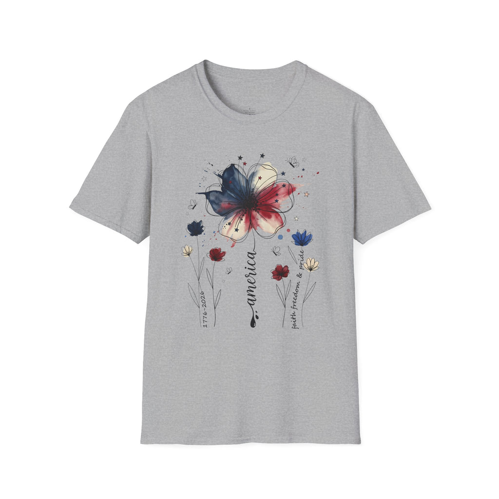 Butterfly Watercolor T-Shirt — Patriotic Red White Blue Floral Graphic