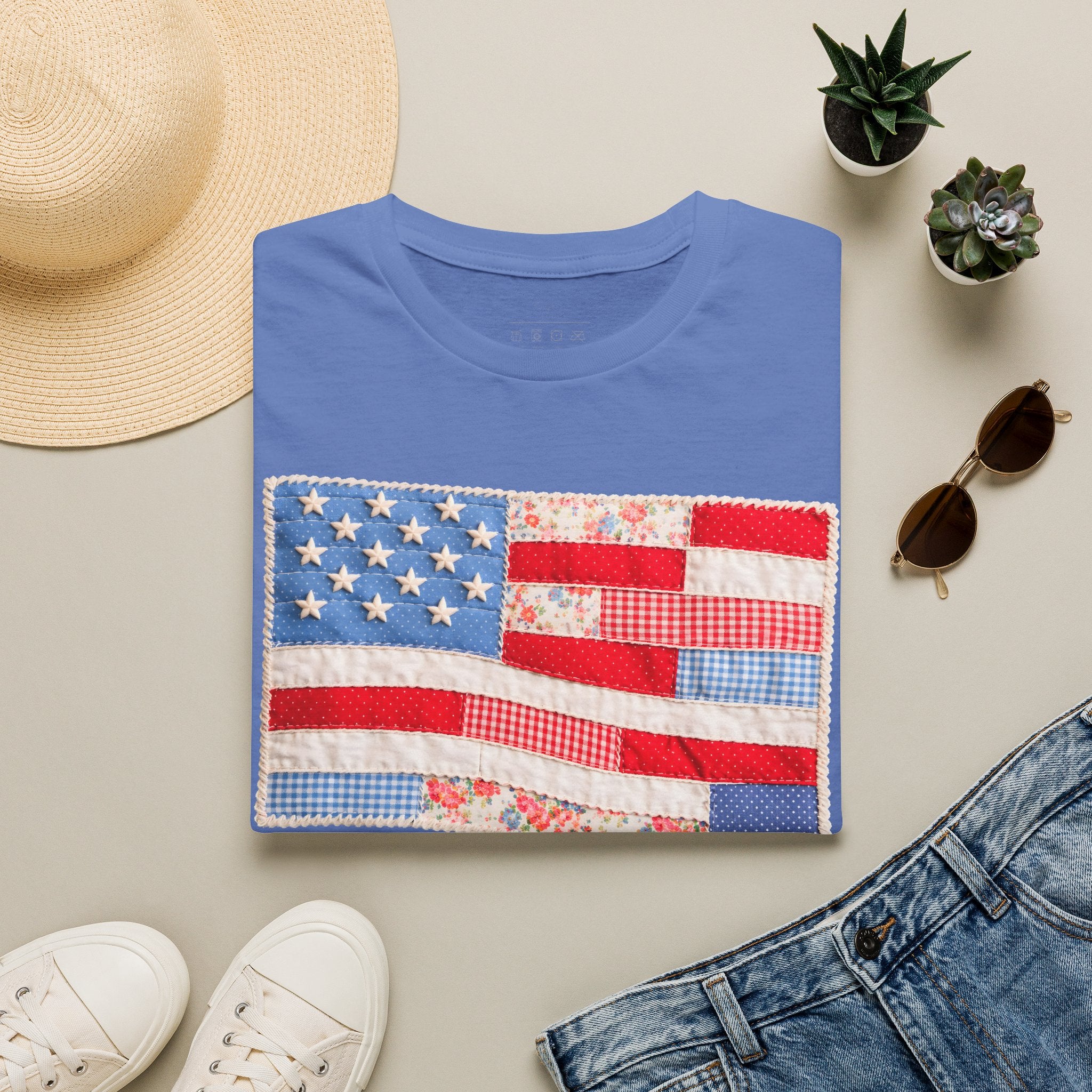 American Patchwork Flag T-Shirt — Vintage Floral Stars & Stripes Tee for 4th of July