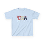 Youth, Kids USA Patriotic Tee — Red White & Blue Flag Letters