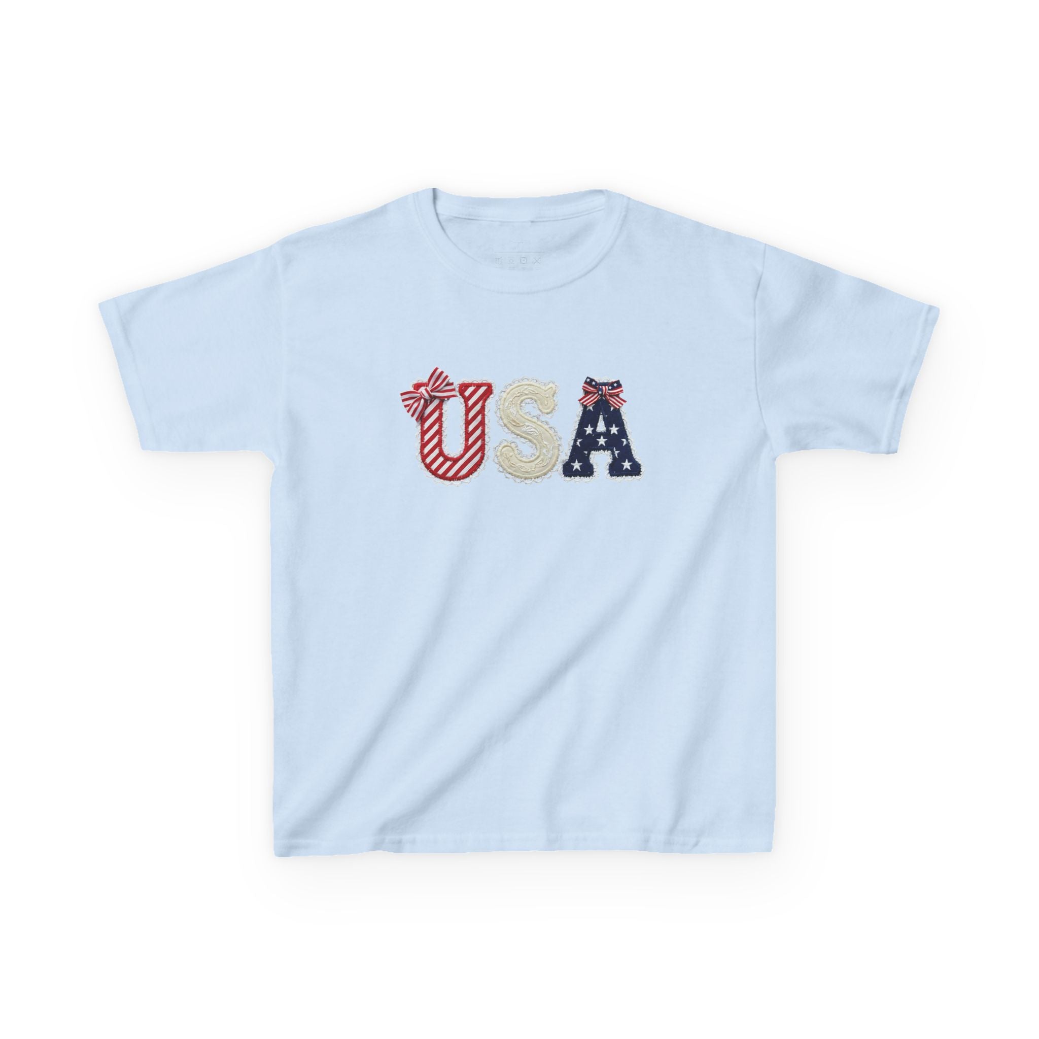 Youth, Kids USA Patriotic Tee — Red White & Blue Flag Letters