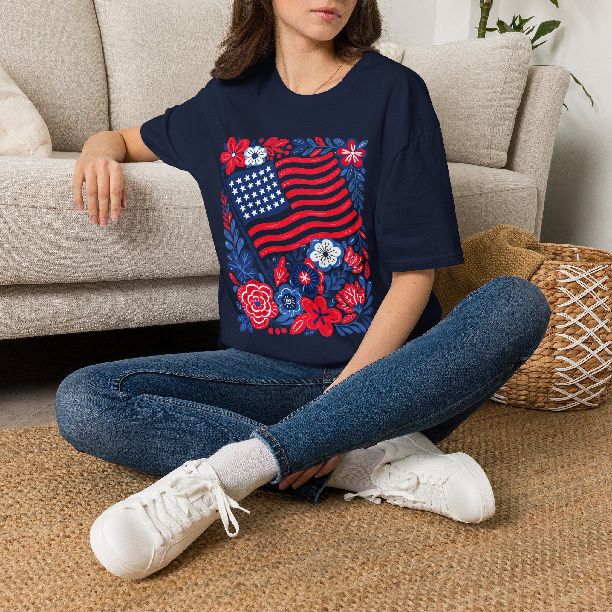 American Flag Floral T-Shirt — Patriotic Stars & Stripes Tee
